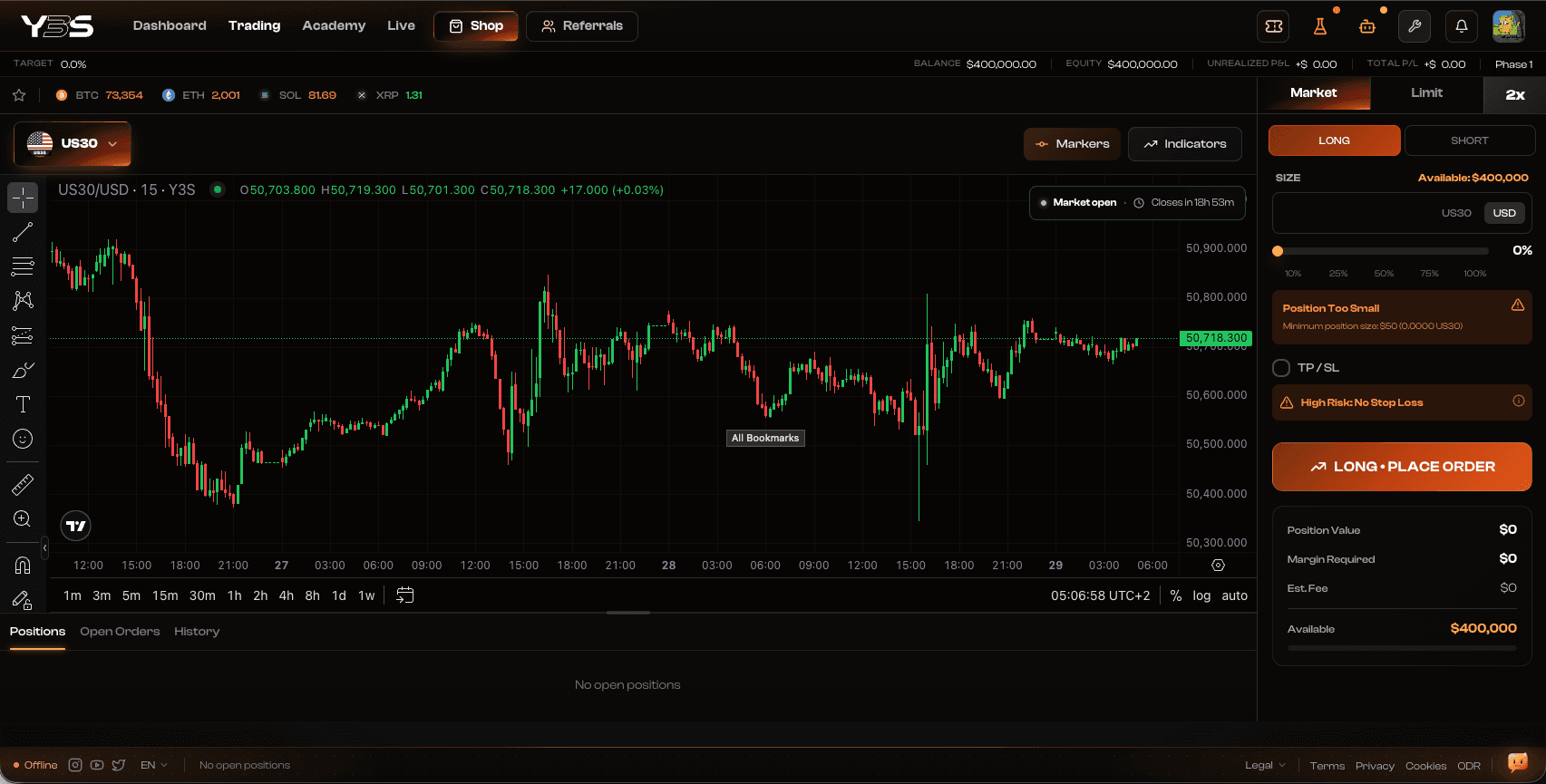 Y3S trading platform — live chart and order panel
